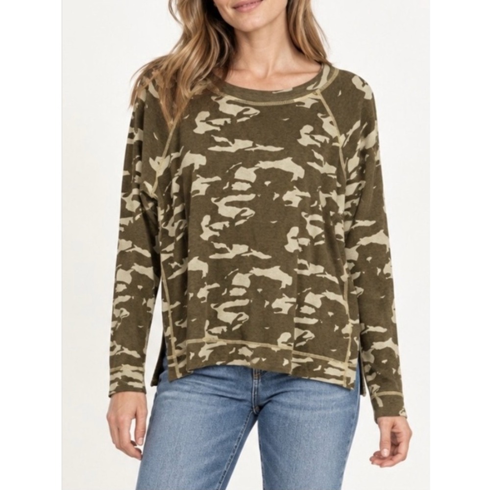 Monrow Camo Raglan Sleeve Crewneck Sweatshirt Women's L Green Tan